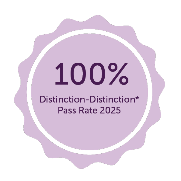 Graphic reading 100% Distinction to Distinction* pass rate 2025