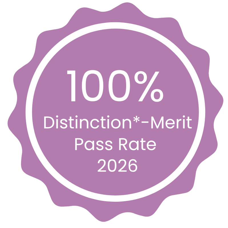Graphic showing 100% pass rate distinction *- merit 2026