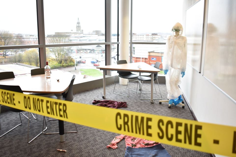 image of classroom set up as crime scene